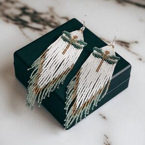 Dragonfly in Flight Beaded Tassel Earrings in White and Green. New.